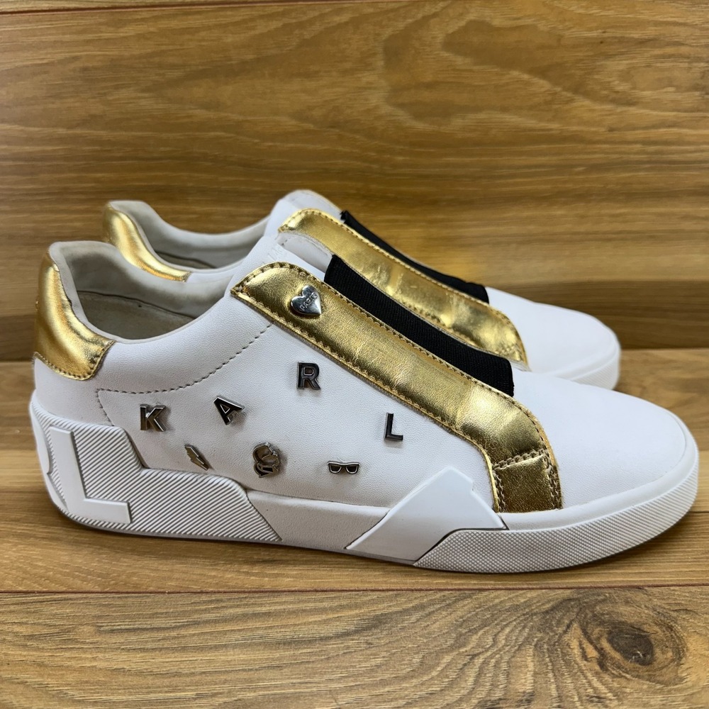 Karl Lagerfeld Monstera Sneakers Womens 9.5 M White Gold Stretch Slip On Walk